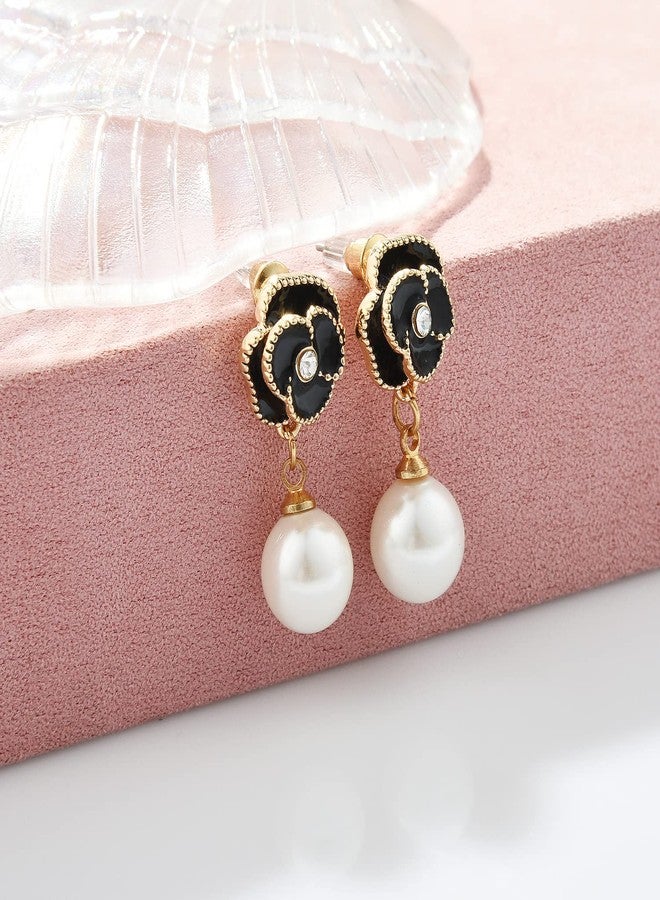 Glamtune Designer Faux Imitation Pearl Floral charm Dangle Drop Fashion Earrings Studs (Black) - Image 4